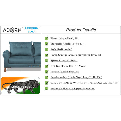 Adorn India Premium Jarvis 3 Seater Sofa (Leatherette Suede Fabric Color Blue)