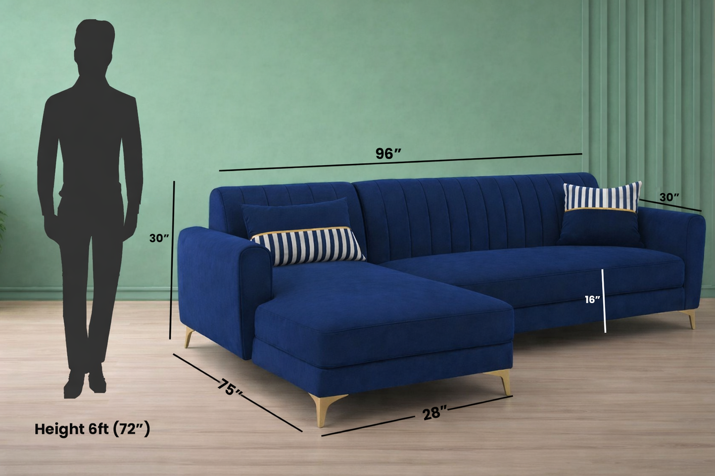 Adorn India Premium Luster 6 Seater L Shape Sofa Set | Velvet Suede Fabric | 3-Year Warranty | LHS |Color Blue with Golden Legs & Striped Pattern Cushion