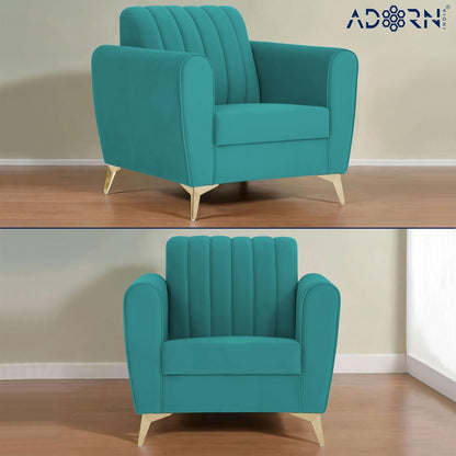 Adorn India Premium Luster 3-2-1 Sofa Set | Velvet Suede Fabric | 3-Year Warranty | Color Aqua Blue with Golden Legs & Striped Pattern Cushion