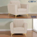 Adorn India Premium Luster 3-2-1 Sofa Set | Velvet Suede Fabric | 3-Year Warranty | Color Cream with Golden Legs & Striped Pattern Cushion