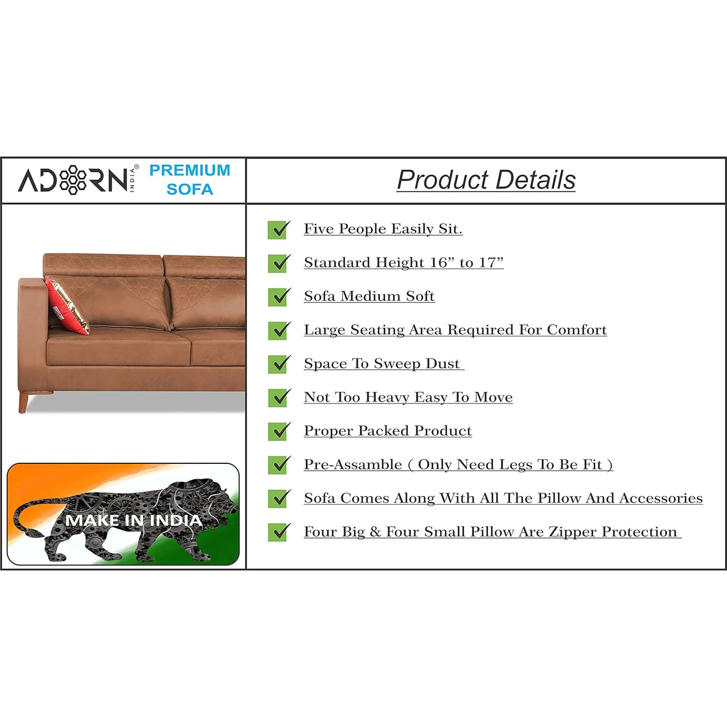 Adorn India Premium Pluto 3+2 Five Seater Sofa Set (Tan)