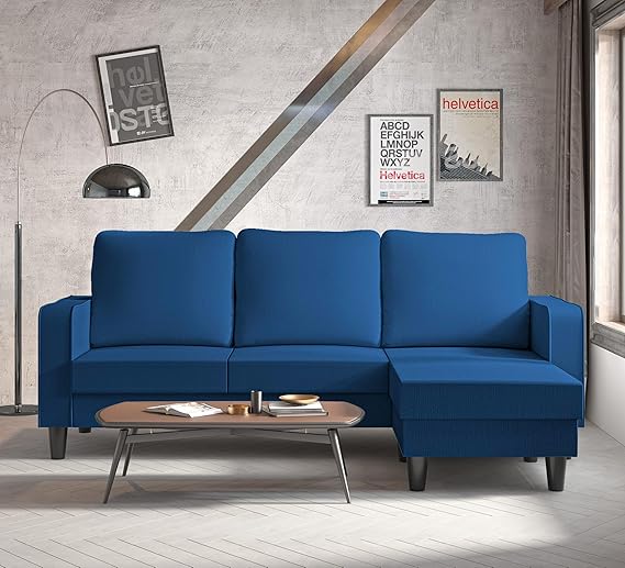 Adorn India Chandler Plain L Shape 4 Seater Wood Sofa Set (Blue) (3 Year Warranty)