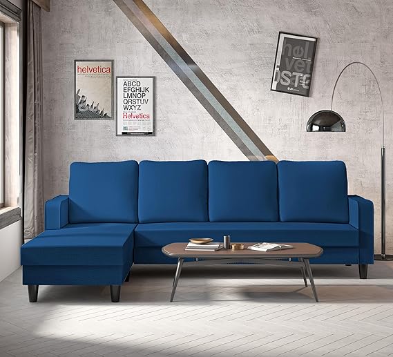 Adorn India Chandler Plain L Shape 5 Seater Sofa Set LHS (Blue) (3 Year Warranty)