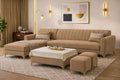 Adorn India Premium Luster 8 Seater L Shape Sofa Set with 2 Puffy & 1 Center Table | Velvet Suede Fabric | 3-Year Warranty | LHS | Camel with Golden Legs & Striped Pattern Cushion