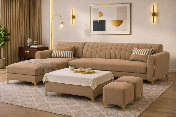 Adorn India Premium Luster 8 Seater L Shape Sofa Set with 2 Puffy & 1 Center Table | Velvet Suede Fabric | 3-Year Warranty | LHS | Camel with Golden Legs & Striped Pattern Cushion