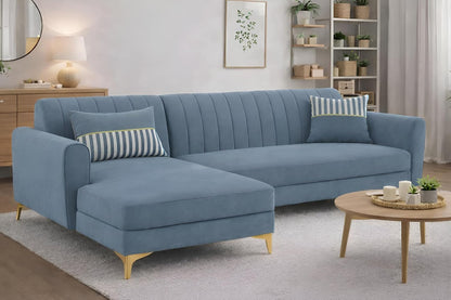 Adorn India Premium Luster 6 Seater L Shape Sofa Set | Velvet Suede Fabric | 3-Year Warranty | LHS |Color Grey with Golden Legs & Striped Pattern Cushion