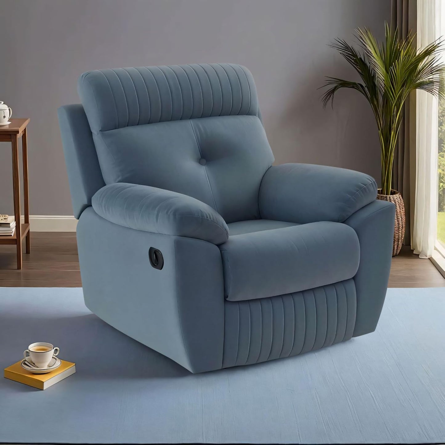 Adorn India Premium Majestic 1 Seater Recliner Manual Sofa Chair | Grey Suede Velvet Fabric | Soft Padded Back Rest & Handrest | Living Room Recliner Chair | 3 Years Warranty