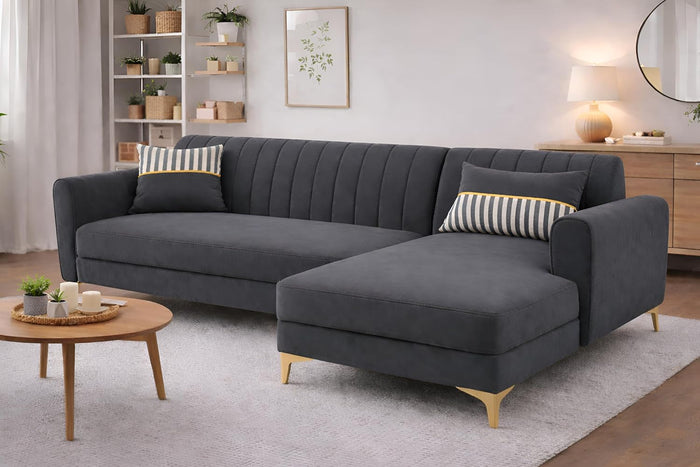Adorn India Premium Luster 6 Seater L Shape Sofa Set | Velvet Suede Fabric | 3-Year Warranty | RHS |Color Dark Grey with Golden Legs & Striped Pattern Cushion