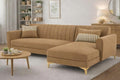 Adorn India Premium Luster 6 Seater L Shape Sofa Set | Velvet Suede Fabric | 3-Year Warranty | RHS |Color Camel with Golden Legs & Striped Pattern Cushion