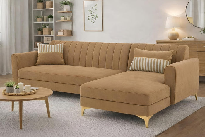 Adorn India Premium Luster 6 Seater L Shape Sofa Set | Velvet Suede Fabric | 3-Year Warranty | RHS |Color Camel with Golden Legs & Striped Pattern Cushion
