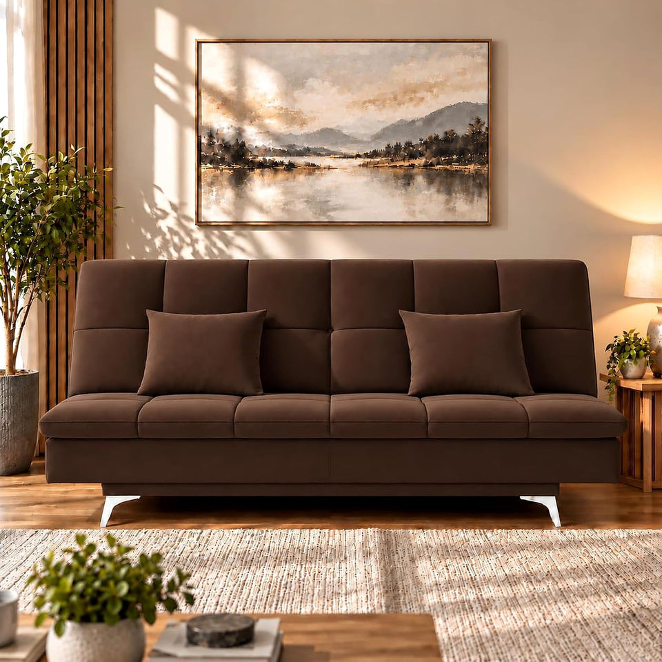 Premium 3 Seater Sofa Cum Bed New Aspen 4x6Velvet Suede with 2 Cushions (Color Brown)