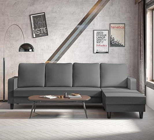 Adorn India Chandler L Shape 5 Seater Sofa Set Plain (Right Hand Side) (Grey)