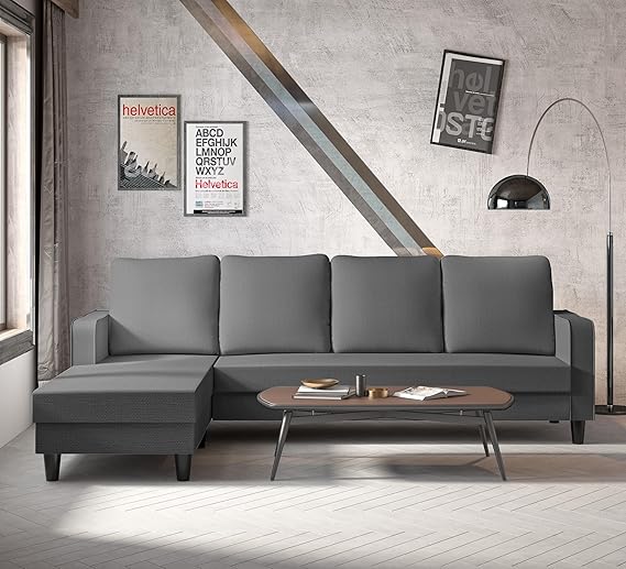 Adorn India Chandler Plain L Shape 5 Seater Sofa Set LHS (Grey) (3 Year Warranty)