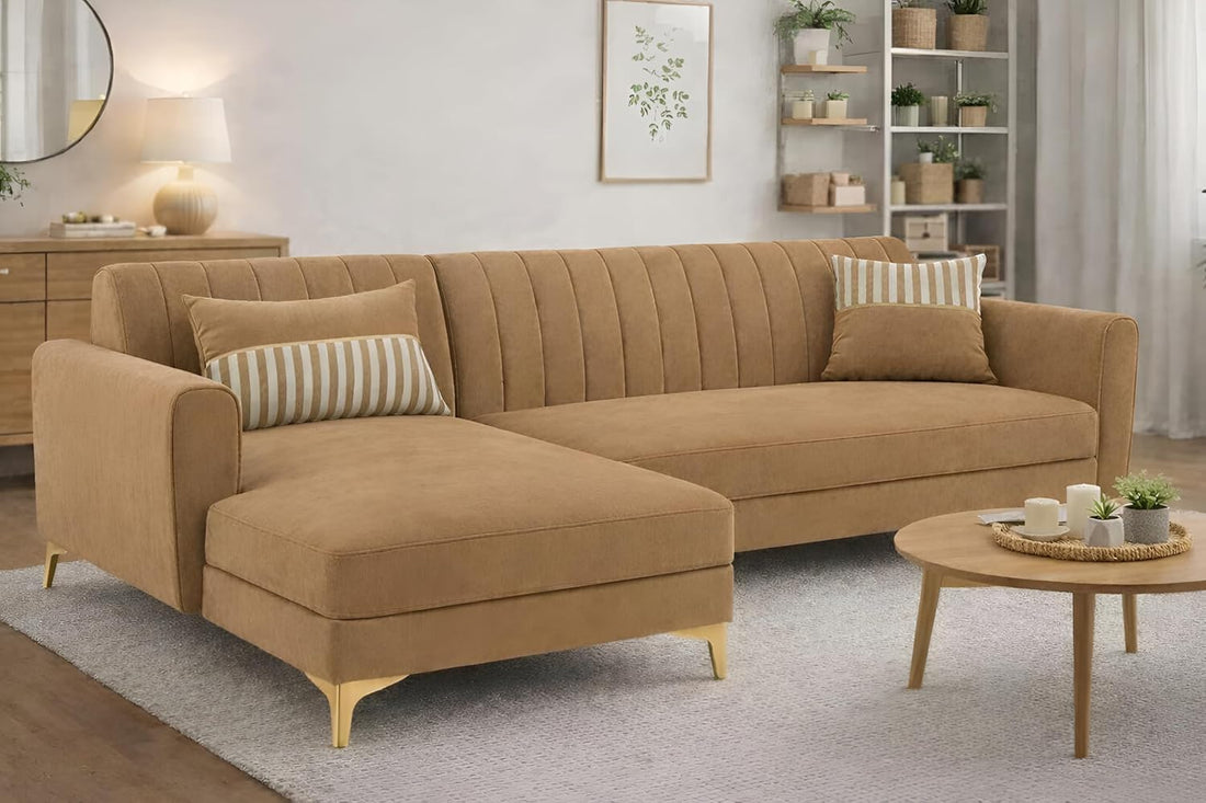 Adorn India Premium Luster 6 Seater L Shape Sofa Set | Velvet Suede Fabric | 3-Year Warranty | LHS |Color Camel with Golden Legs & Striped Pattern Cushion