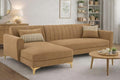 Adorn India Premium Luster 6 Seater L Shape Sofa Set | Velvet Suede Fabric | 3-Year Warranty | LHS |Color Camel with Golden Legs & Striped Pattern Cushion