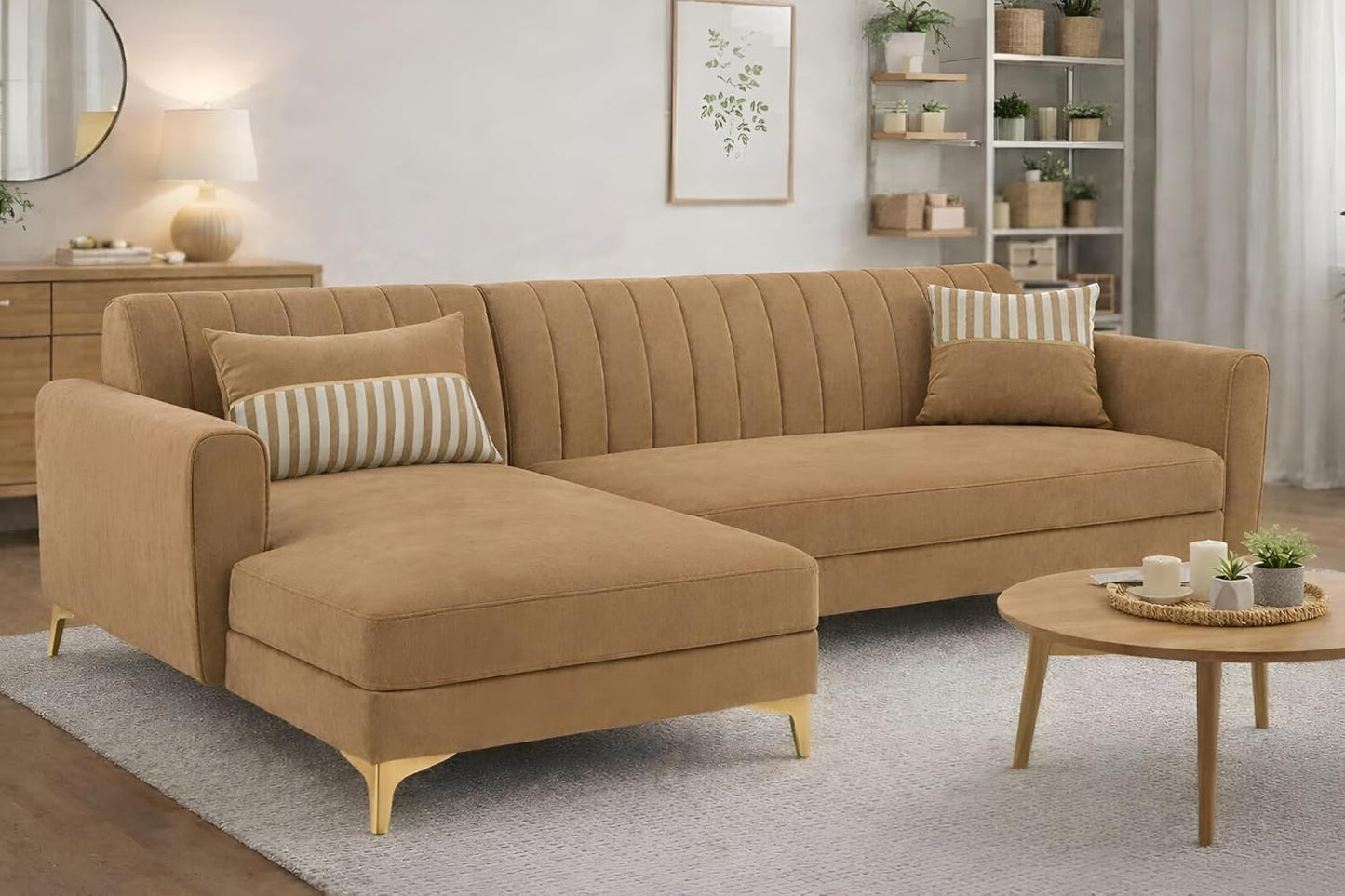 Adorn India Premium Luster 6 Seater L Shape Sofa Set | Velvet Suede Fabric | 3-Year Warranty | LHS |Color Camel with Golden Legs & Striped Pattern Cushion