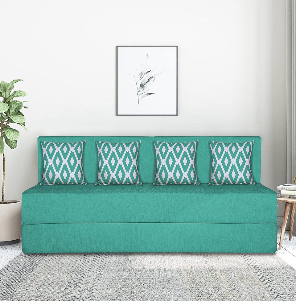 4 Seater Sofa Cum Bed Easy (Rhombus Pattern) Chennile Fabric - - Including 4 Cushion - Size 6x6 (Aqua Blue Color)