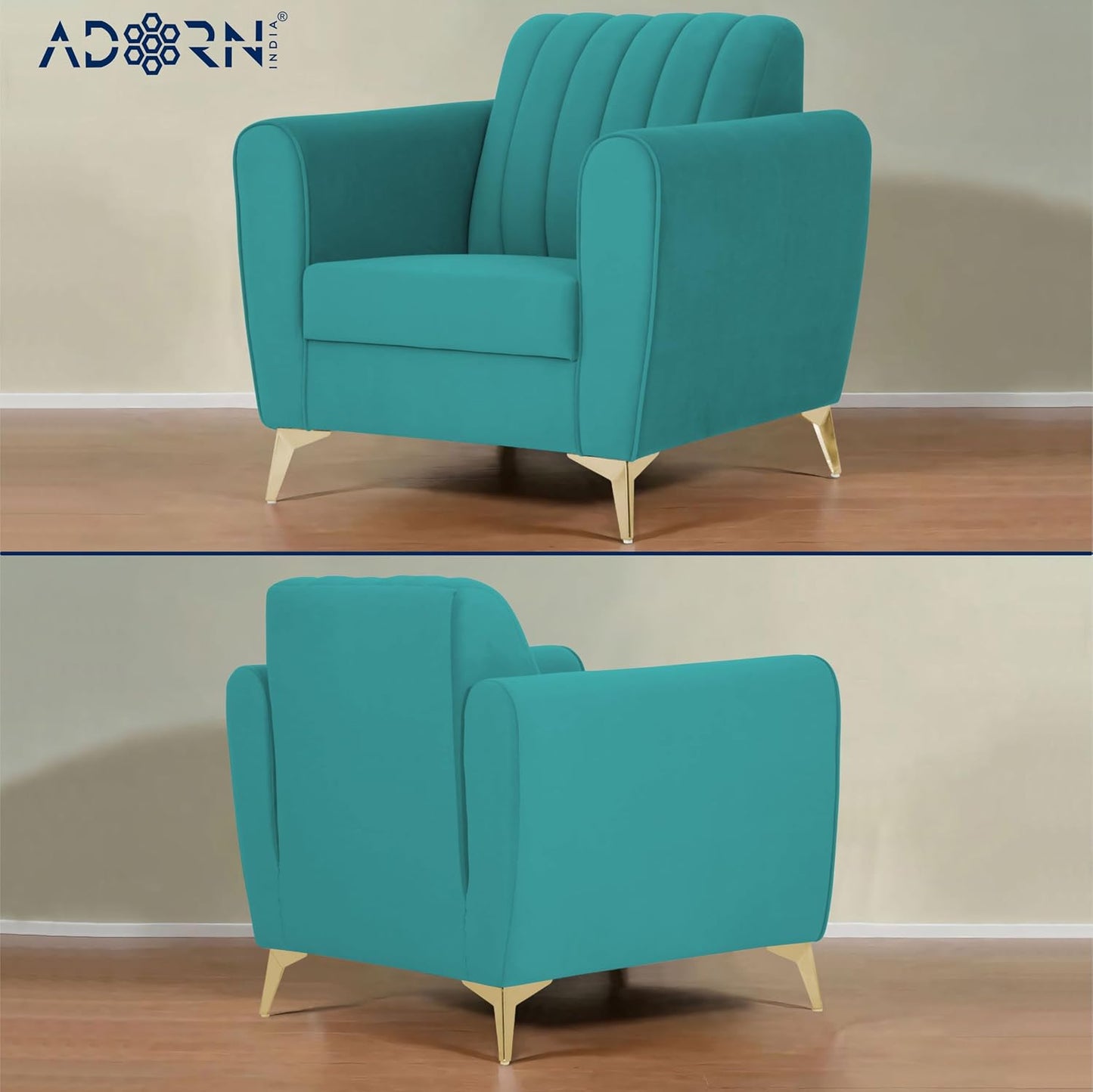 Adorn India Premium Luster 3-2-1 Sofa Set | Velvet Suede Fabric | 3-Year Warranty | Color Aqua Blue with Golden Legs & Striped Pattern Cushion