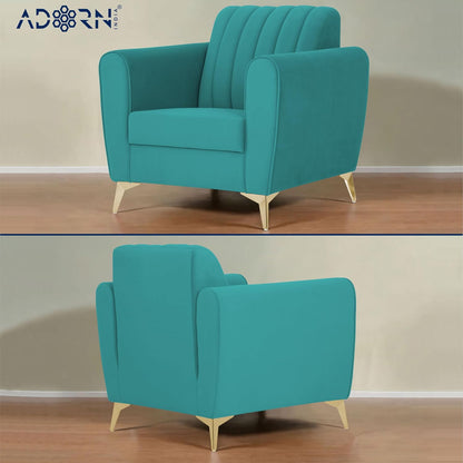Adorn India Premium Luster 3-2-1 Sofa Set | Velvet Suede Fabric | 3-Year Warranty | Color Aqua Blue with Golden Legs & Striped Pattern Cushion