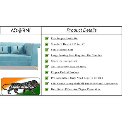 Adorn India Premium Raygan L Shape 6 Seater Sofa Set Left Side (Velvet Suede Fabric Colour Aqua Blue)