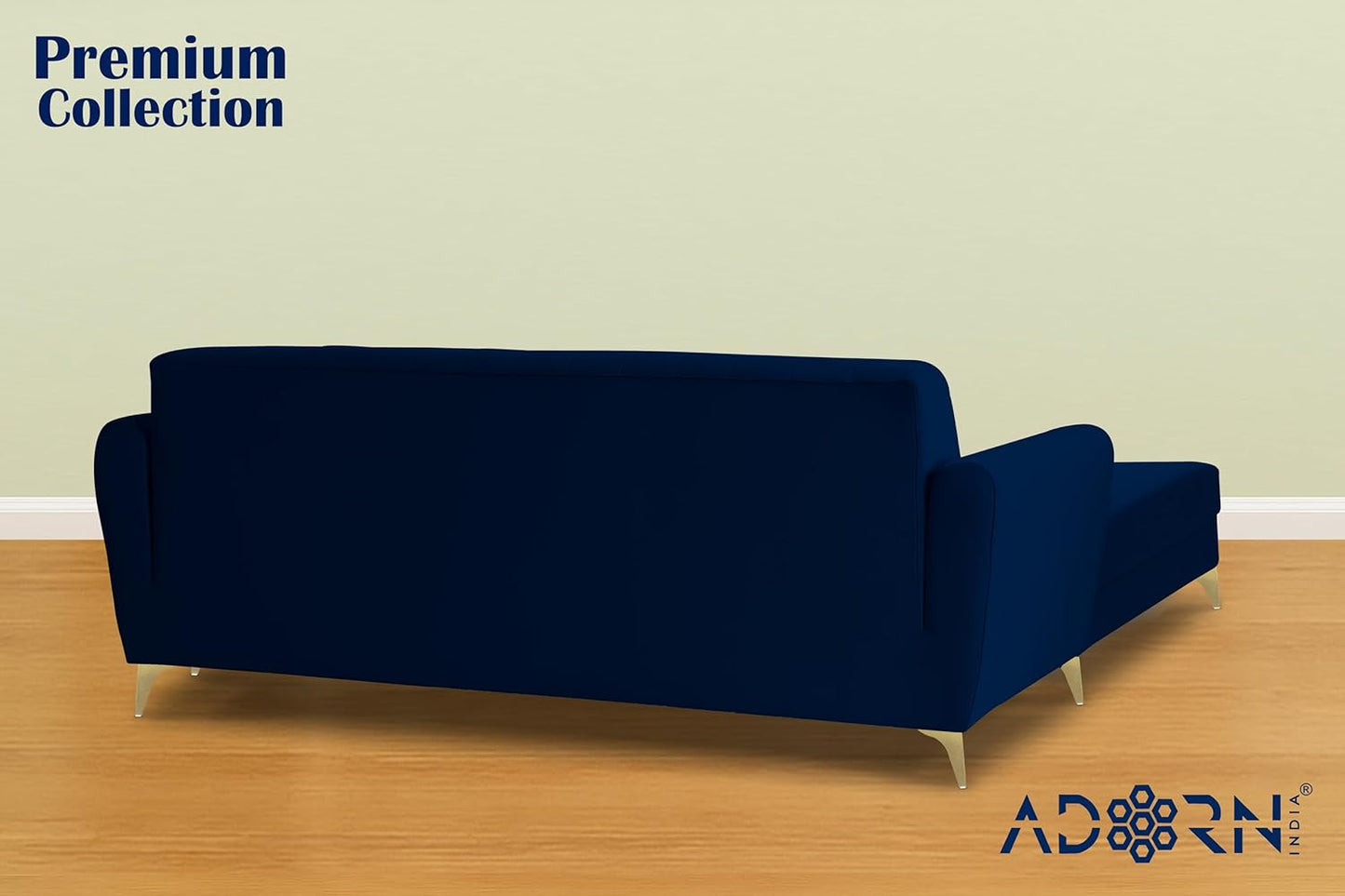 Adorn India Premium Luster 4 Seater L Shape Sofa Set | Velvet Suede Fabric | 3-Year Warranty | Color Blue with Golden Legs & Striped Pattern Cushion