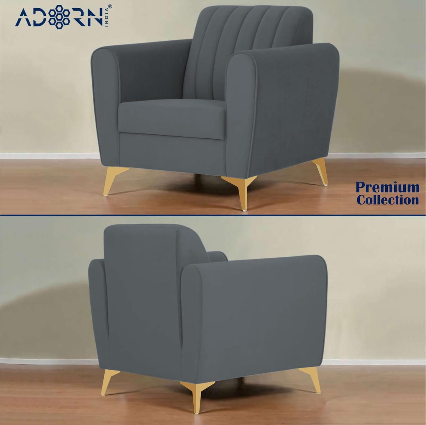 Adorn India Premium Luster 3+2+1 Sofa Set | Velvet Suede Fabric | 3-Year Warranty | Color Dark Grey with Golden Legs & Striped Pattern Cushion