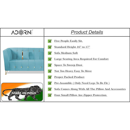 Adorn India Premium Lotus 3-1-1 5 Seater Sofa Set (Velvet Fabric Colour Aqua Blue)