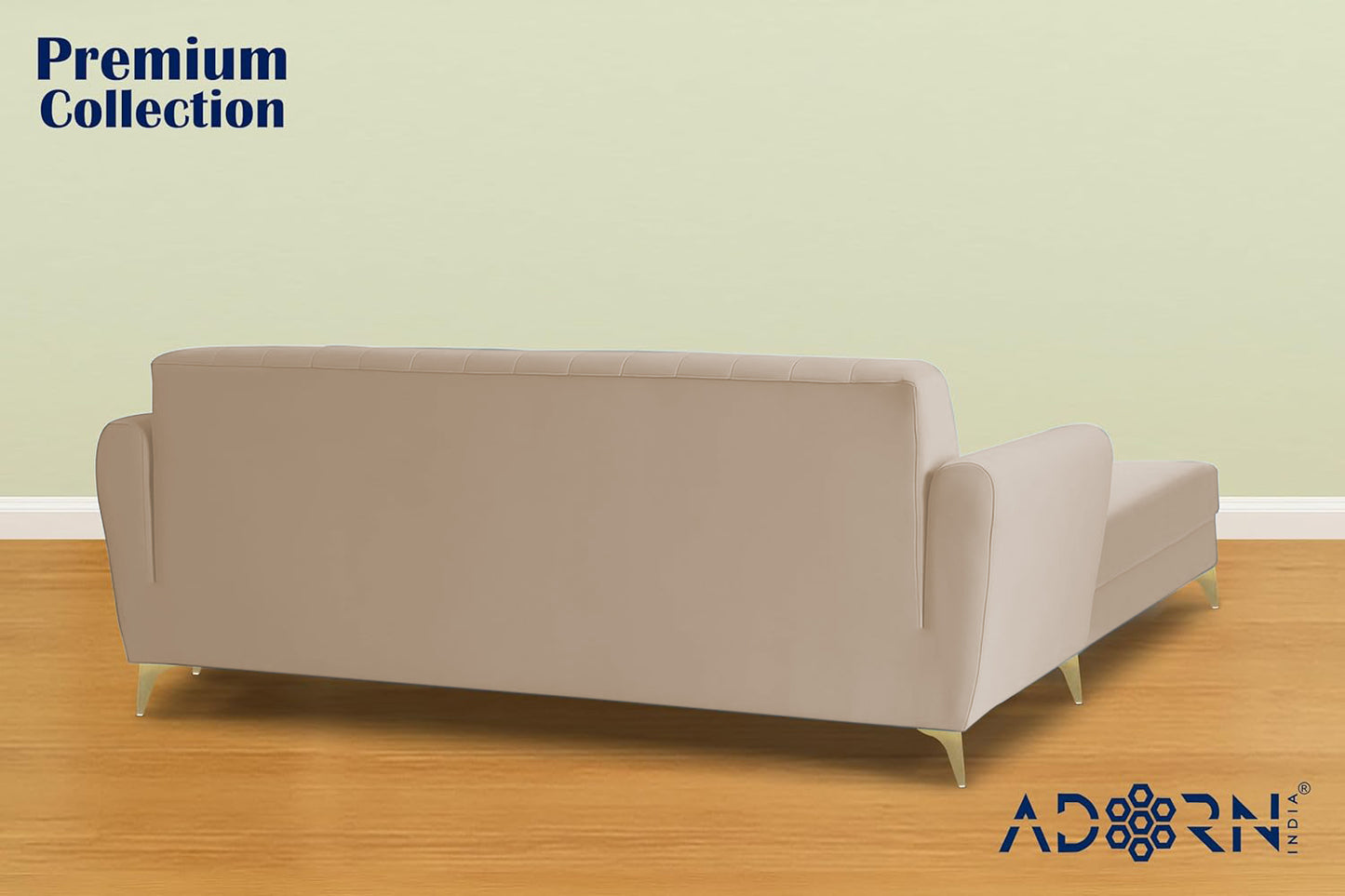 Adorn India Premium Luster 4 Seater L Shape Sofa Set | Velvet Suede Fabric | 3-Year Warranty | Color Cream with Golden Legs & Striped Pattern Cushion