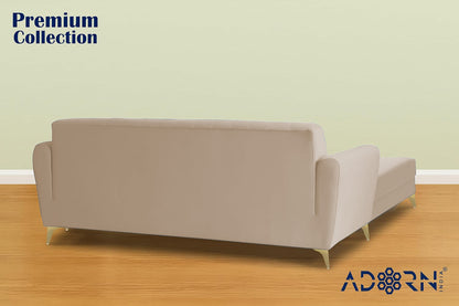 Adorn India Premium Luster 4 Seater L Shape Sofa Set | Velvet Suede Fabric | 3-Year Warranty | Color Cream with Golden Legs & Striped Pattern Cushion