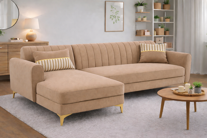 Adorn India Premium Luster 6 Seater L Shape Sofa Set | Velvet Suede Fabric | 3-Year Warranty | LHS |Color Beige with Golden Legs & Striped Pattern Cushion