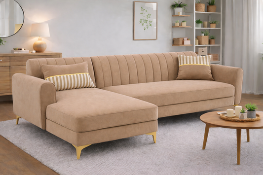 Adorn India Premium Luster 6 Seater L Shape Sofa Set | Velvet Suede Fabric | 3-Year Warranty | LHS |Color Beige with Golden Legs & Striped Pattern Cushion