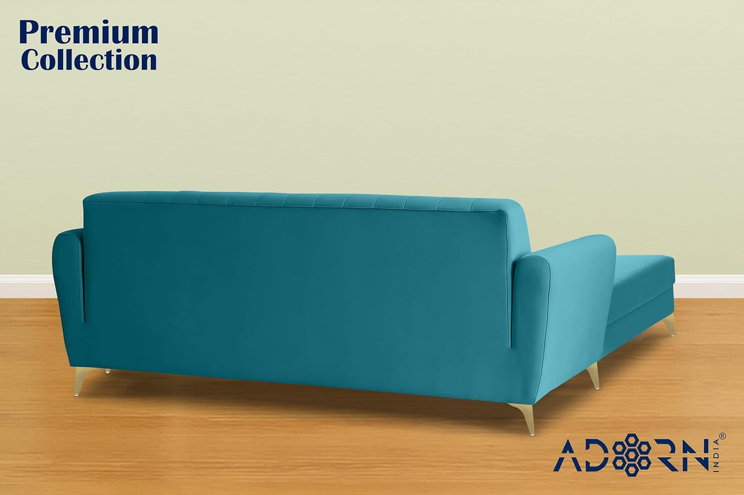 Adorn India Premium Luster 4 Seater L Shape Sofa Set | Velvet Suede Fabric | 3-Year Warranty | Color Aqua Blue with Golden Legs & Striped Pattern Cushion