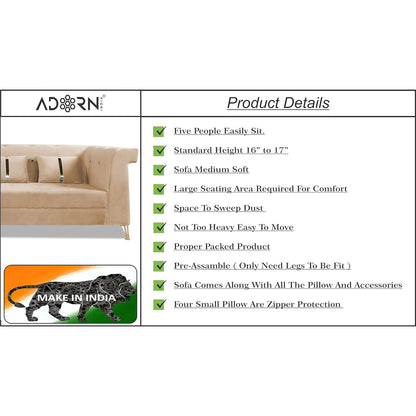 Adorn India Premium Raygan L Shape 6 Seater Sofa Set Left Side (Velvet Fabric Colour Beige)