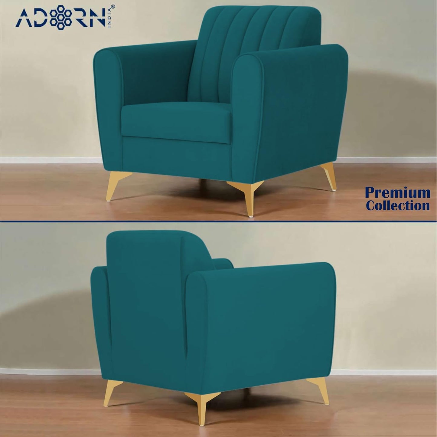 Adorn India Premium Luster 3-2-1 Sofa Set | Velvet Suede Fabric | 3-Year Warranty | Color Ocean Blue with Golden Legs & Striped Pattern Cushion