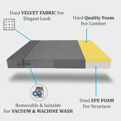 Adorn India Easy 4 Seater Sofa Cum Bed | Velvet Fabric | Dark Grey | Plain Design | 6x6 Ft | Comfortable Seating | Washable Cover | Perfect for Home & Office