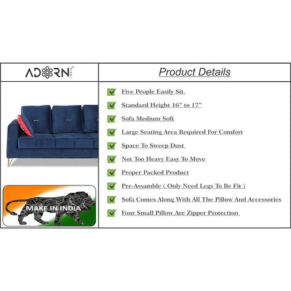 Adorn India Premium Morgan 3-2 5 Seater Sofa Set (Velvet Fabric Colour Blue)