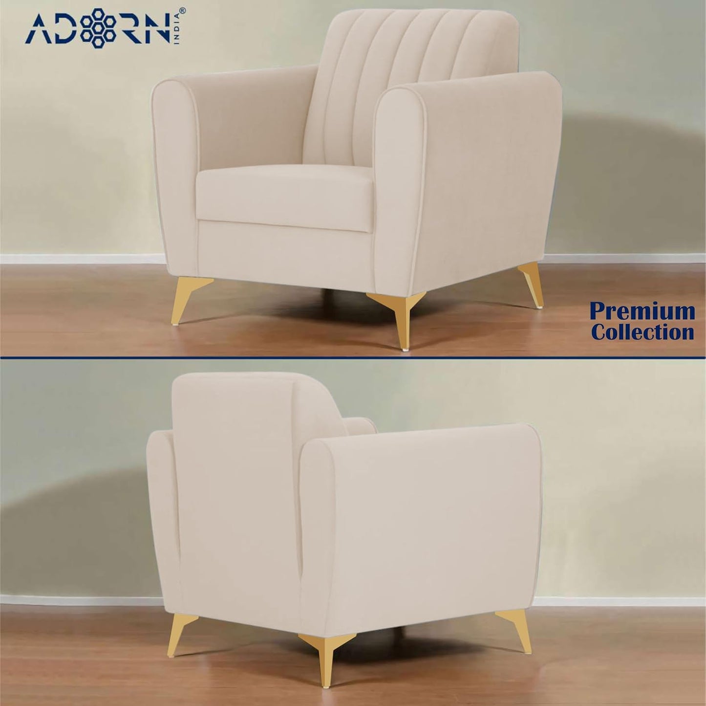 Adorn India Premium Luster 3-2-1 Sofa Set | Velvet Suede Fabric | 3-Year Warranty | Color Cream with Golden Legs & Striped Pattern Cushion