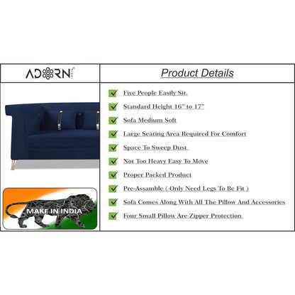 Adorn India Premium Raygan L Shape 6 Seater Sofa Set Right Side (Velvet Fabric Colour Blue)
