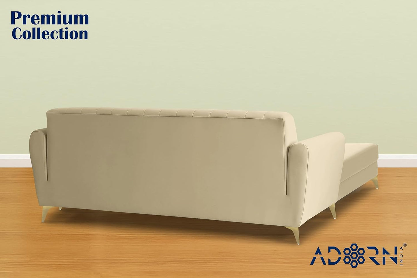 Adorn India Premium Luster 4 Seater L Shape Sofa Set | Velvet Suede Fabric | 3-Year Warranty | Color Beige with Golden Legs & Striped Pattern Cushion