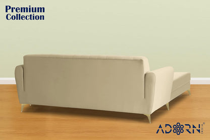 Adorn India Premium Luster 4 Seater L Shape Sofa Set | Velvet Suede Fabric | 3-Year Warranty | Color Beige with Golden Legs & Striped Pattern Cushion
