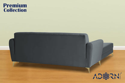 Adorn India Premium Luster 4 Seater L Shape Sofa Set | Velvet Suede Fabric | 3-Year Warranty | Color Dark Grey with Golden Legs & Striped Pattern Cushion