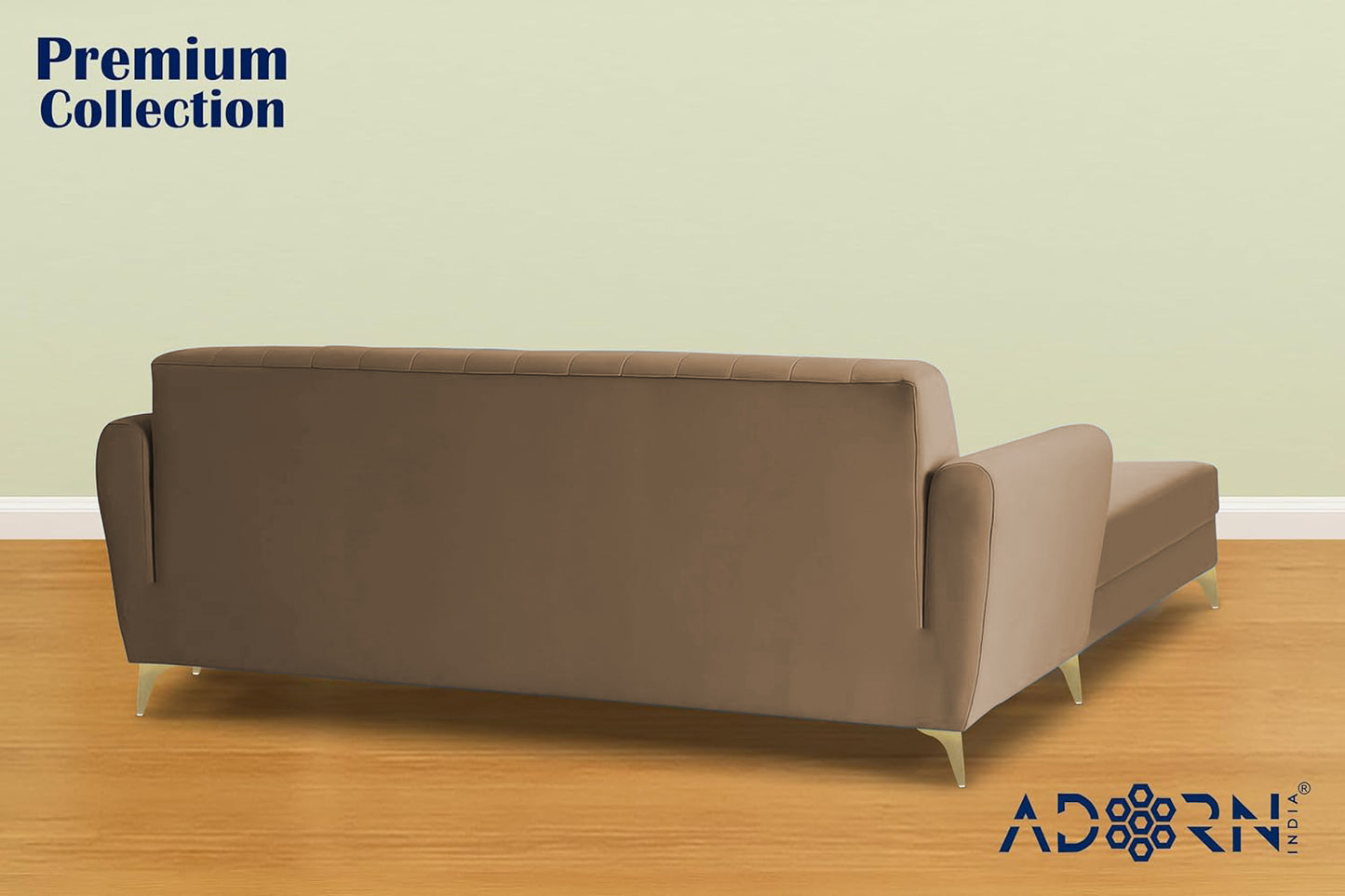 Adorn India Premium Luster 4 Seater L Shape Sofa Set | Velvet Suede Fabric | 3-Year Warranty | Color camel with Golden Legs & Striped Pattern Cushion