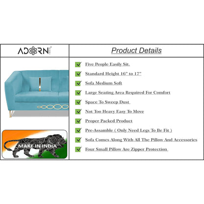 Adorn India Premium Camilla 3-1-1 5 Seater Sofa Set (Velvet Fabric Colour Aqua Blue)