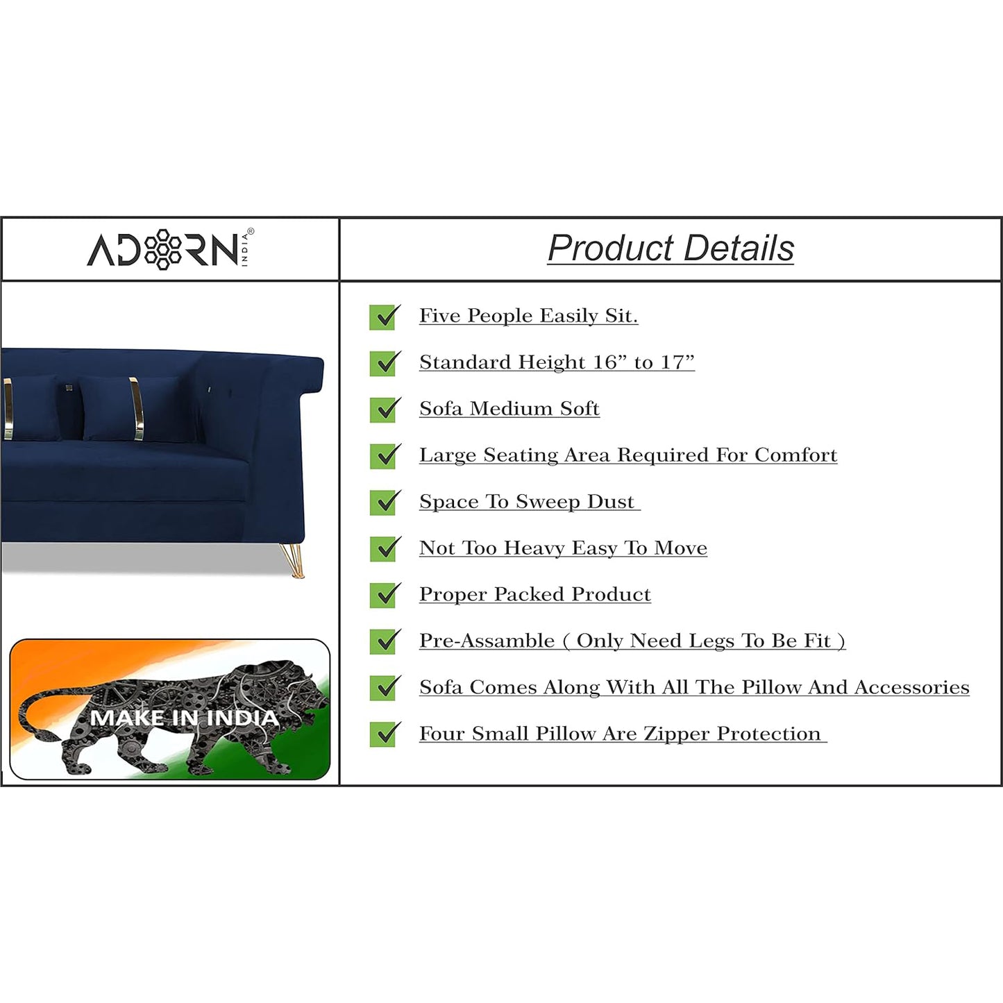 Adorn India Premium Raygan L Shape 6 Seater Sofa Set Left Side (Velvet Fabric Colour Blue)