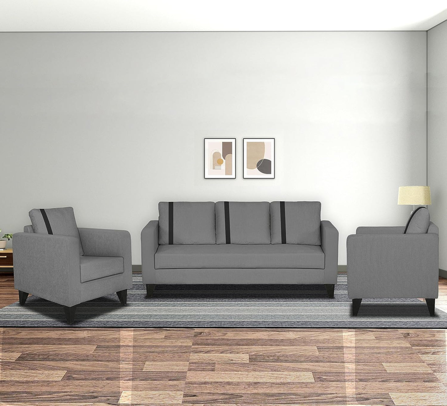 Adorn India Chandler Plus 3+1+1 5 Seater Sofa Set (Grey) - Wood