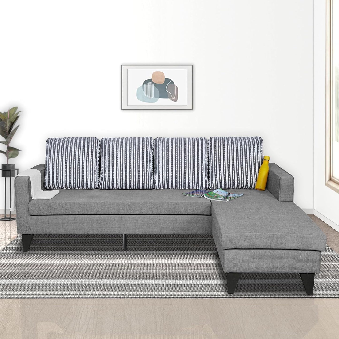 Adorn India Chandler L Shape 5 Seater Sofa Set Stripes (Right Hand Side) Grey