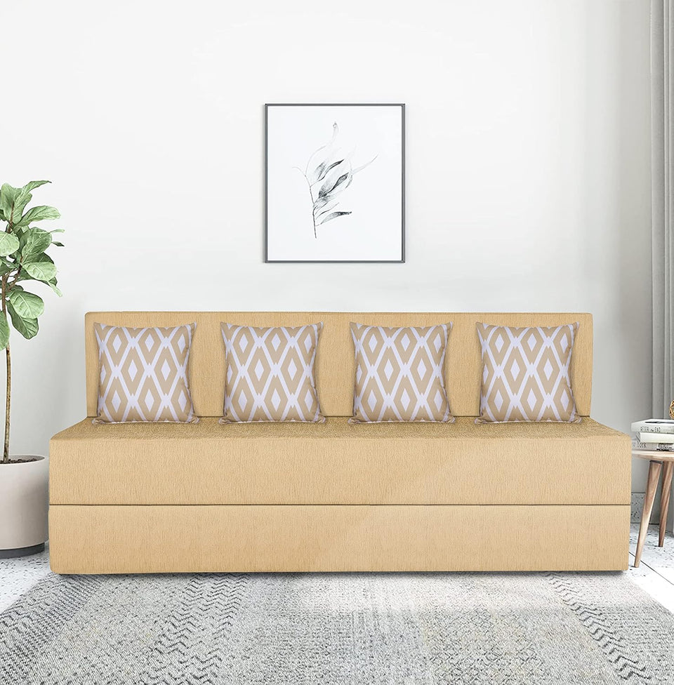 4 Seater Sofa Cum Bed Easy (Rhombus Pattern) Chennile Fabric - - Including 4 Cushion - Size 6x6 (Beige Color)
