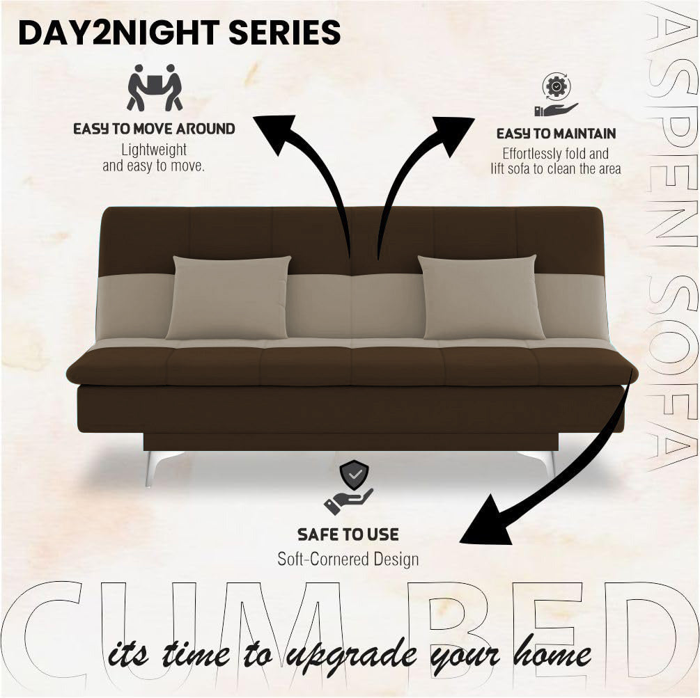 Adorn India Premium New Aspen 3 Seater Sofa Cum Bed 4X6 Velvet Suede with 2 Cushions (Color Brown & Beige) and Suitable for All Indoor, with 3 Years Warranty