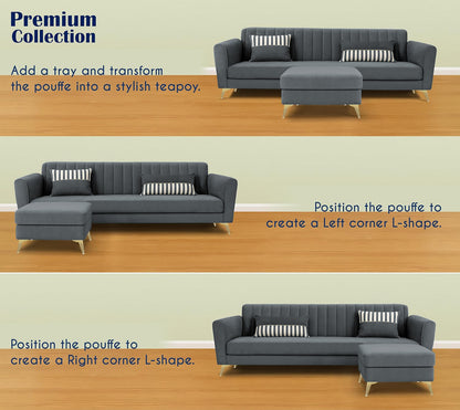 Adorn India Premium Luster 4 Seater L Shape Sofa Set | Velvet Suede Fabric | 3-Year Warranty | Color Dark Grey with Golden Legs & Striped Pattern Cushion