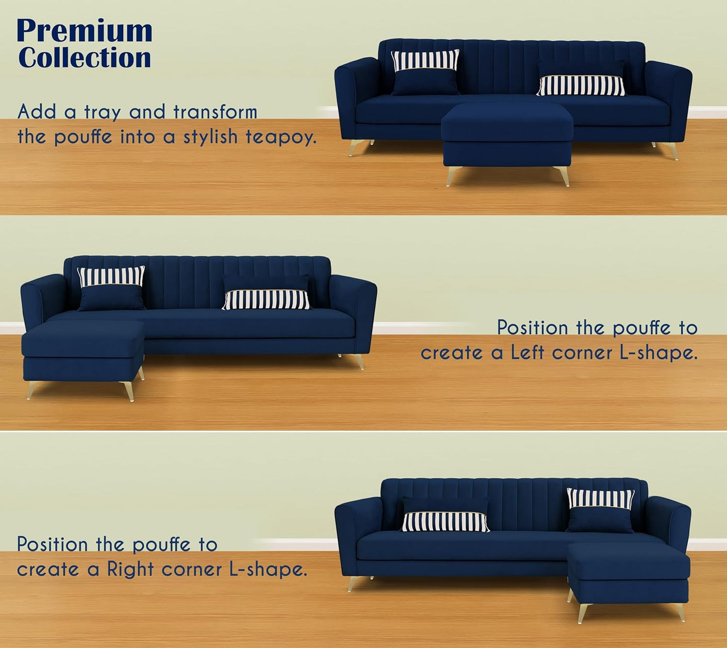 Adorn India Premium Luster 4 Seater L Shape Sofa Set | Velvet Suede Fabric | 3-Year Warranty | Color Blue with Golden Legs & Striped Pattern Cushion